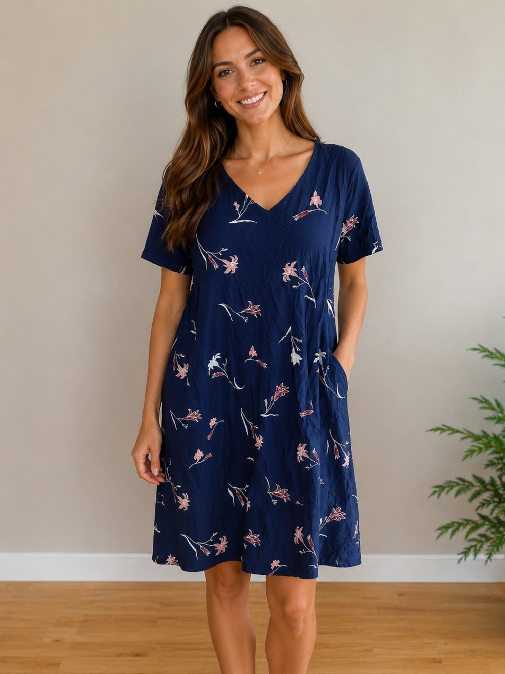 Reitmans Navy Viscose Floral V-Neck Midi Dress with Pink Accents